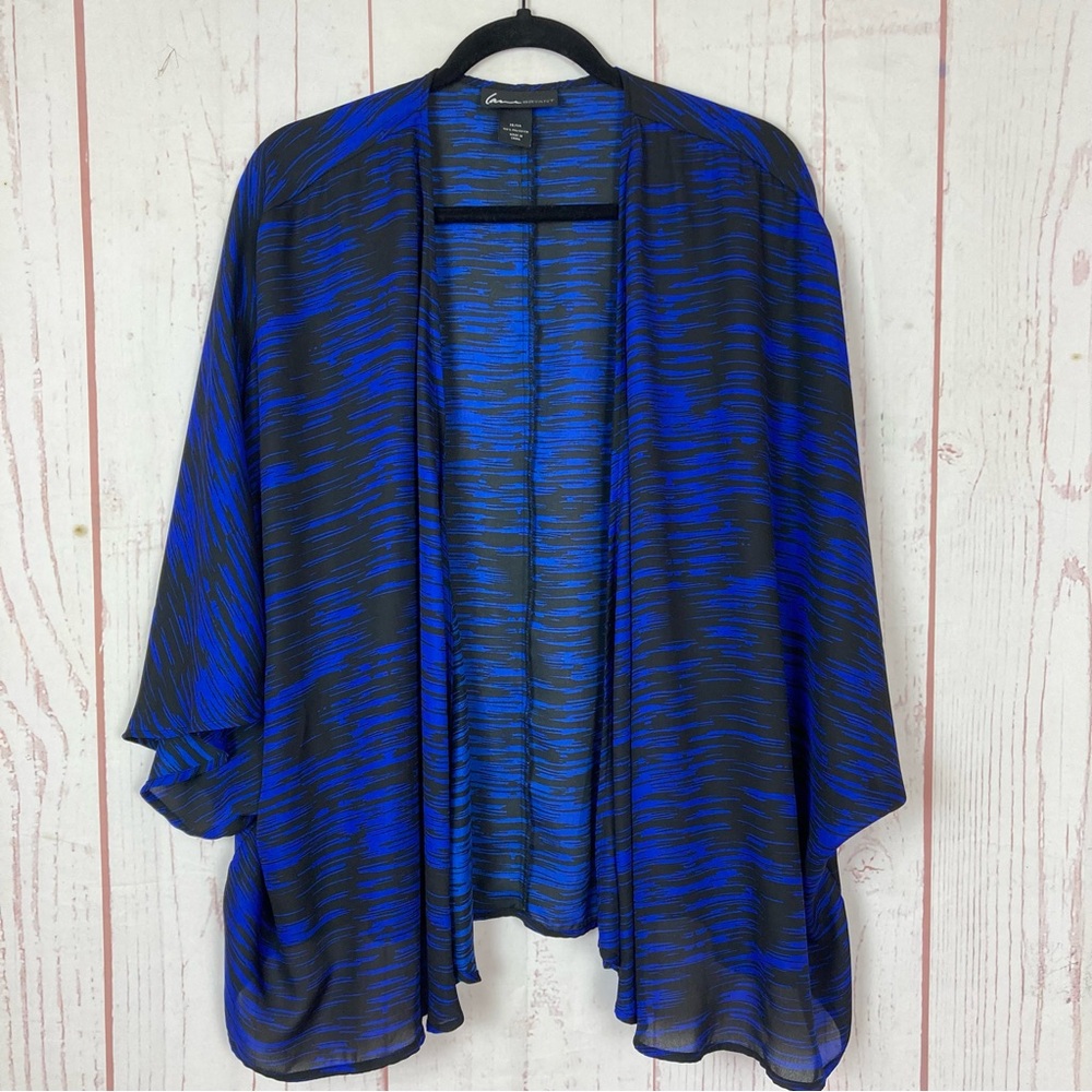 Lane Bryant 18/20 Sheer Open Front Cardigan 3/4 Dolman Sleeve Blue Black Print